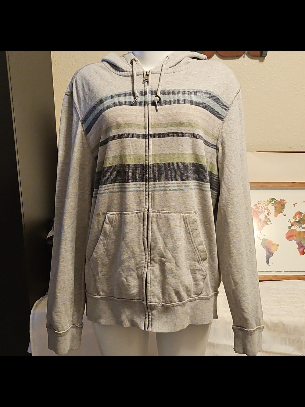 Aeropostale Men's Light Gray Zip-Up Hoodie with Blue and Olive Stripes